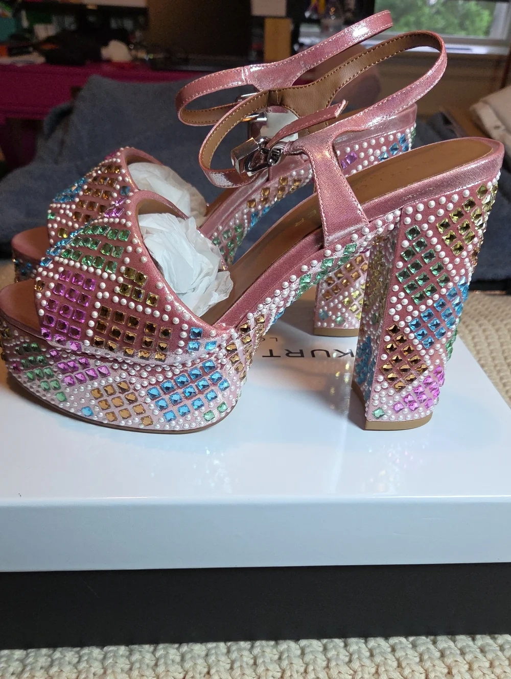 Kurt Geiger London Brixton Platform Heel Sandal Shoe Pink Embellished Sz 9.5